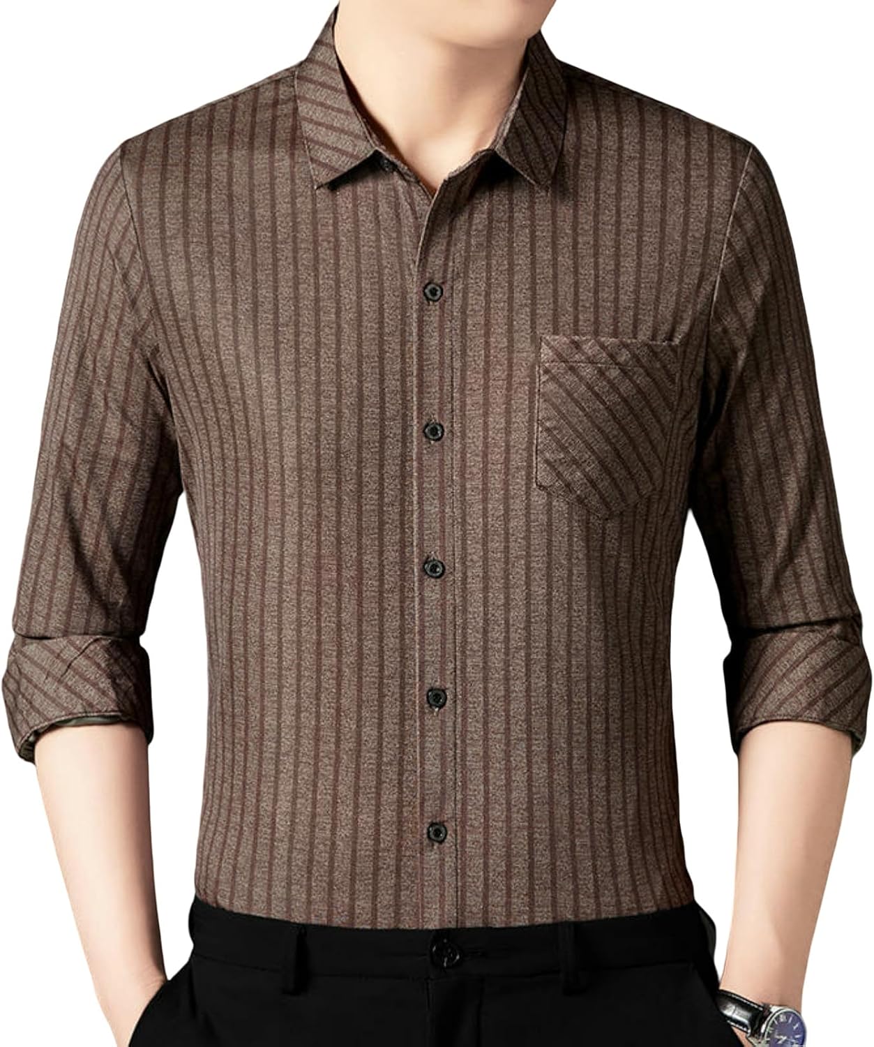 Men's Spring Middle-Aged Striped Lapel Long Sleeve Shirt