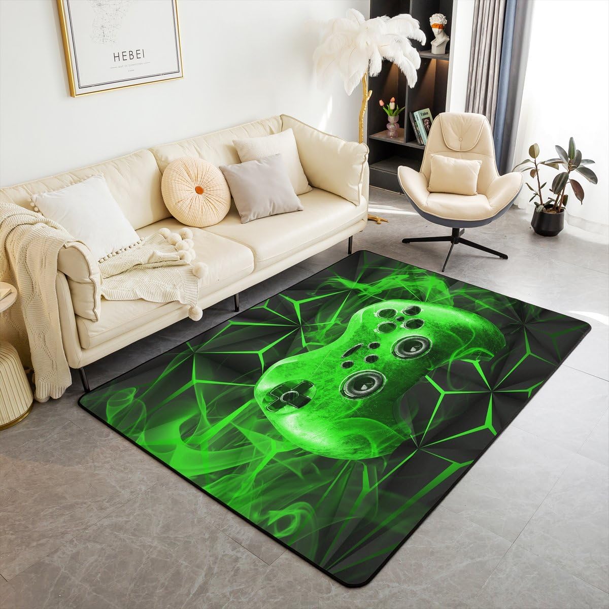 Gaming Area Rug 4x5 Mat Gamer Video Game Non-Slip Accent Rug Red Black Gamepad Game Cobtroller Rugs for Living Room Bedroom Ultra Soft Machine Washable Game Action Buttons Area Carpet