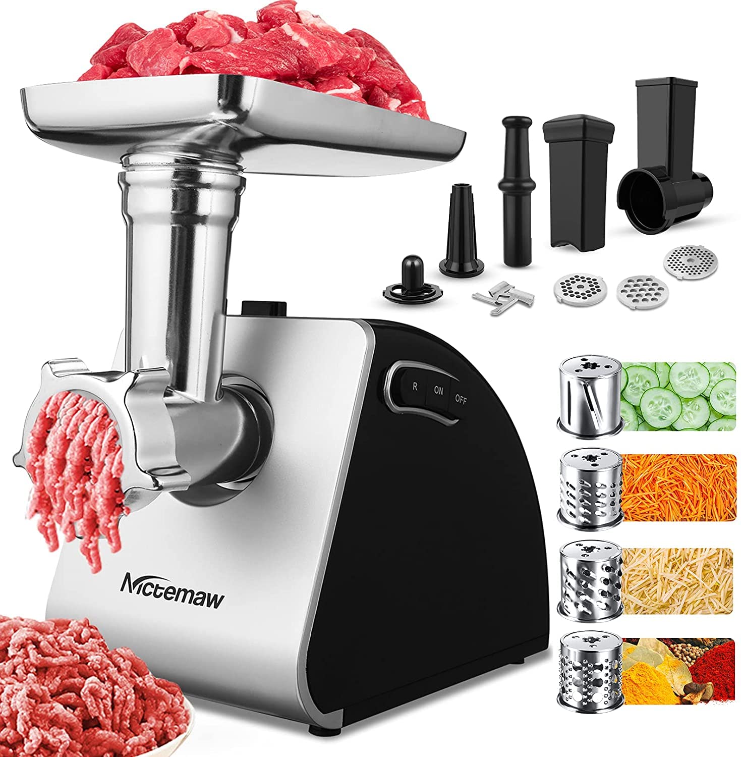 Nictemaw 2000W Multifunzione Tritacarne Macchina da Cucina, Elettrico Tritatutto di Verdure, con 3 Dischi Forati, 4 Lama a Cono, Riempitrici di Salsicce e Accessori per Dolci