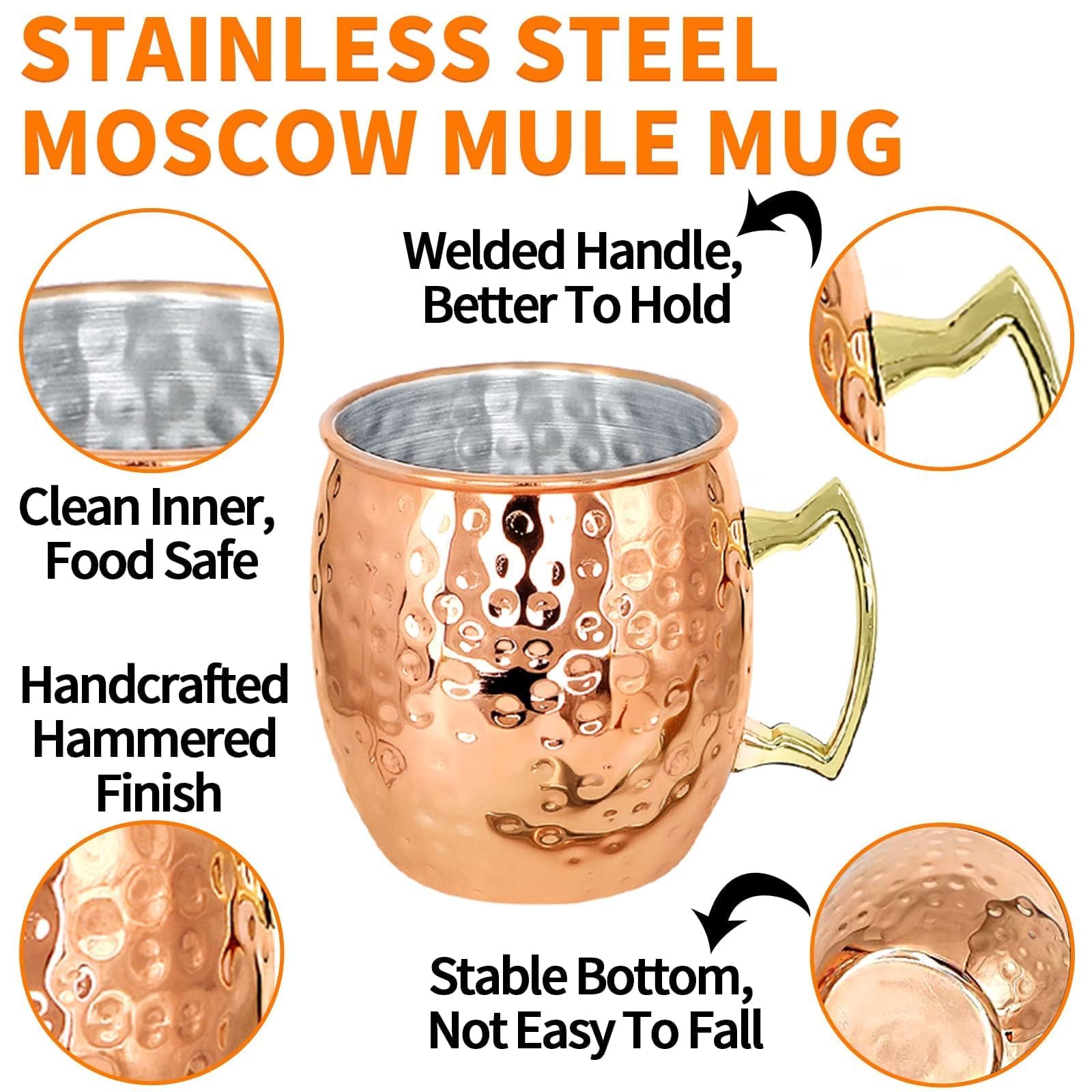 Moscow Mule Lot de 8 tasses avec doseur de 15 cl en acier inoxydable plaqué cuivre 540 ml Parfait pour les boissons froides