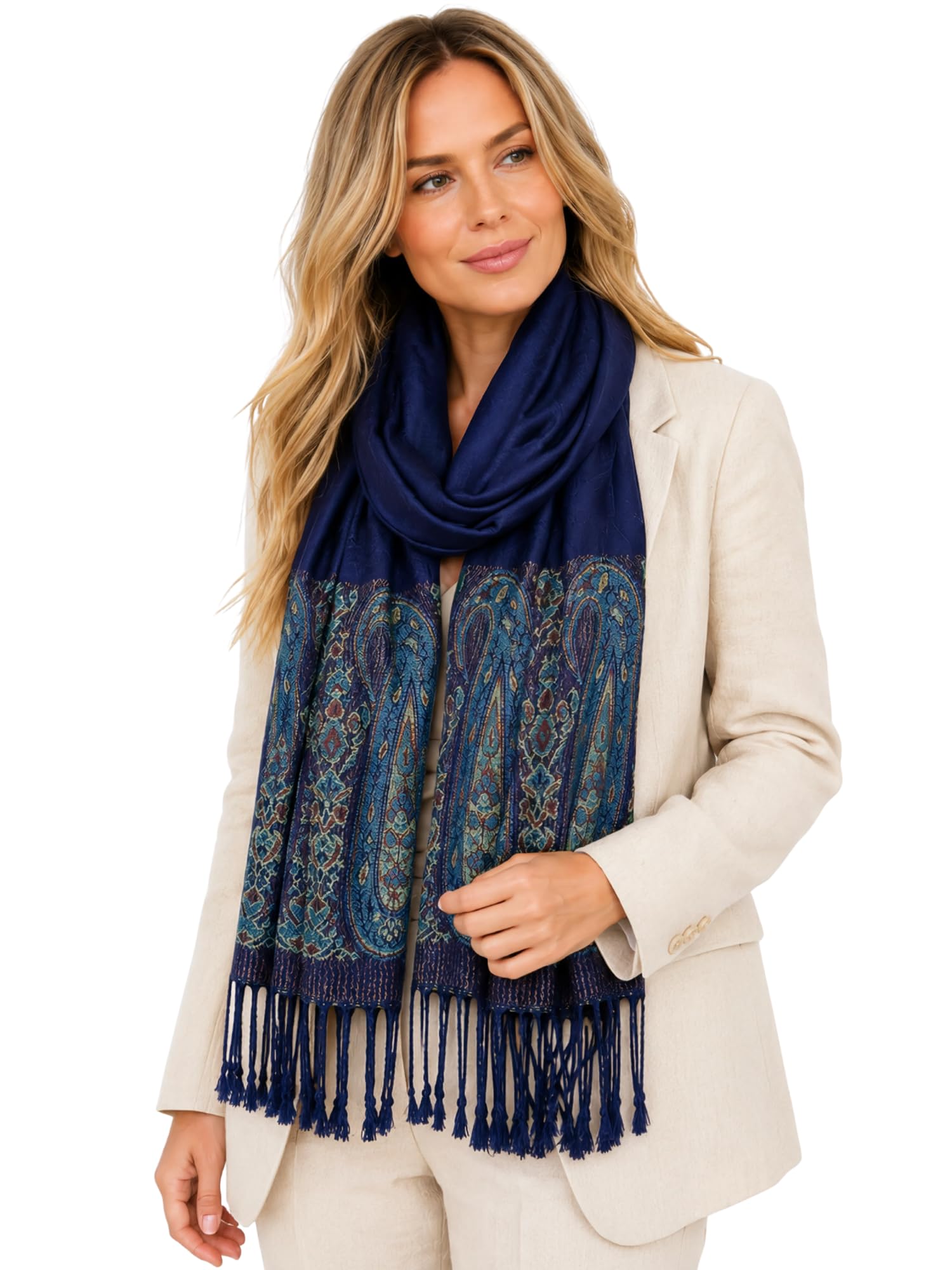 Women Pashmina Scarf Shawl Wrap - Large Long Paisley Floral Rainbow Ladies Scarves, Wearable Blanket Scarf, Womens Winter Scarfs, Indian Shawl Wedding Evening Stole, Head Scarf (Navy Paisley)