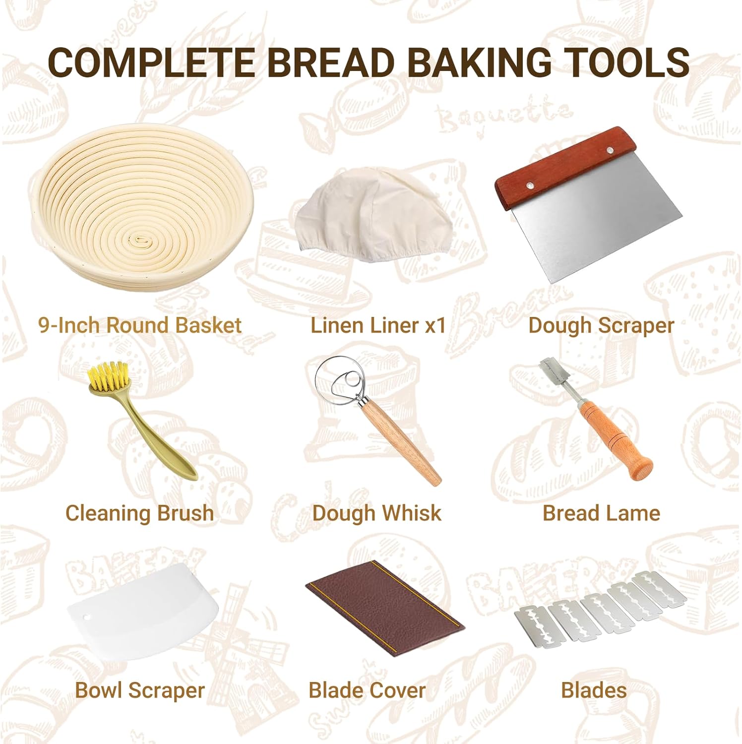 7-Piece 9 Inch Round Proofing Basket, Complete Sourdough Starter Kit with Linen Liner & Tools, Sourdough Bread Baking Supplies & Making Accessories Gift Set - Send Goods from Local Warehouse (4 Pack)