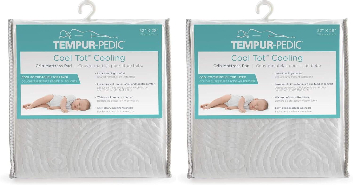 Tempur-Pedic Cool Tot Cooling Fitted Waterproof Infant and Baby Crib Mattress Protector Pad & Toddler Bed Cover, Comfortable and Luxurious Topper, Machine Washable and Dryer Friendly, 52” x 28”- White