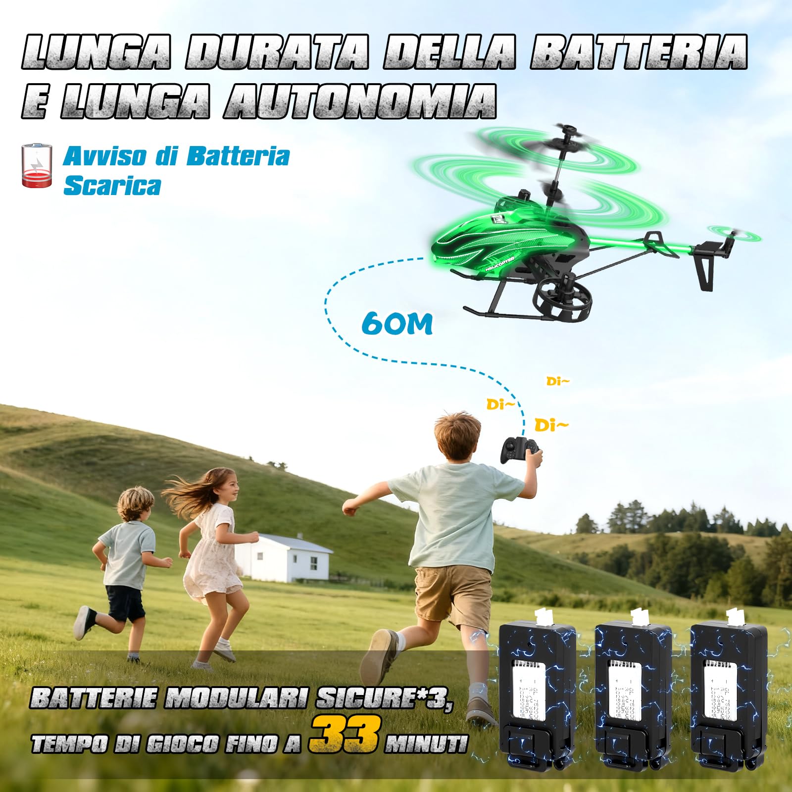 Charmofun Elicottero RC, Elicottero Telecomandato 2.4G con 7 Luce e 3 Batterie, 33 Minuti Volo, 4.5 Canali elicotteri Radiocomandat con Giroscopio, Aerei RC per Ragazzi Ragazze da 6+ Anni (Blu)