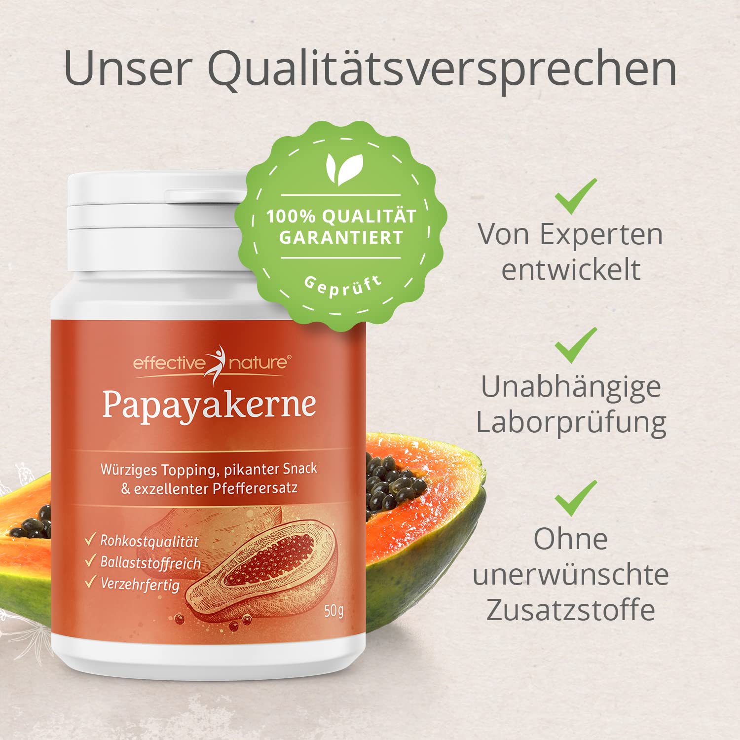 Papaya Kerne getrocknet - 50 g - Enthält das Enzym Papain - Getrocknete Papaya Samen in Rohkostqualität - Papaya-Pfeffer ohne Zusatzstoffe - Würziges Topping