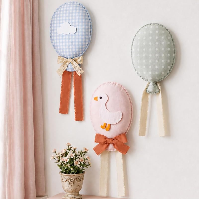 Irenare 3 Pcs Plush Balloon Hanging Nursery Wall Decor Set Pastel Gingham Goose Cloud Polka Dot Fabric Baby Room Wall Hanging Decoration with Ribbon Bow for Baby Shower Gift