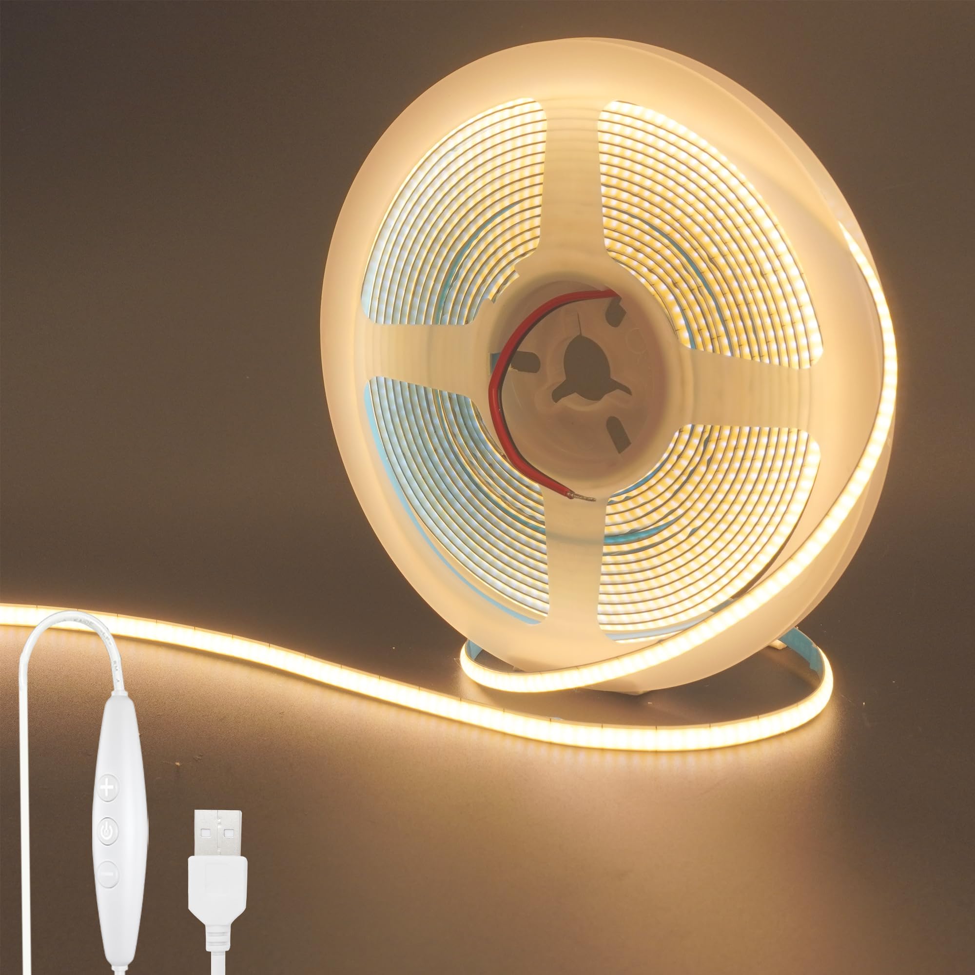 Clearhill 5V USB COB LED Strip Lights with Dimmable Switch,16.4FT/5M,Warm White 3000K,400LEDs/M,5mm Width,Not Waterproof IP20,1.5M USB Switch Cable,for DIY Home Indoor Decoration