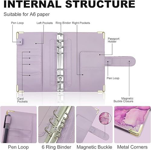 Miniatura 2 de Carpeta A6 recargable de piel sintética con 6 anillas, cubierta para cuaderno pequeño para papel de relleno A6, cubierta de planificador personal de