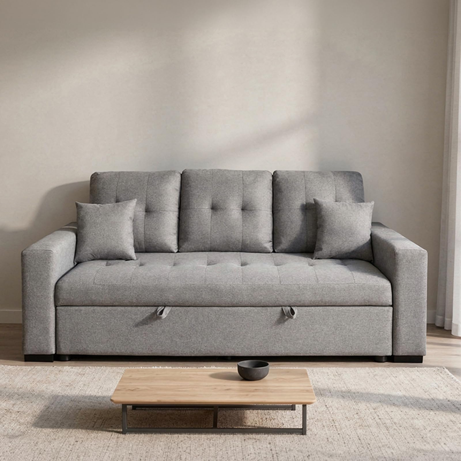 amuéblate Online - Sofá Cama de 3 Plazas Modelo Hugo, Diseño Moderno, Cómodo, Práctico y Funcional, con Reposabrazos y 2 Cojines Decorativos de Regalo, Gris