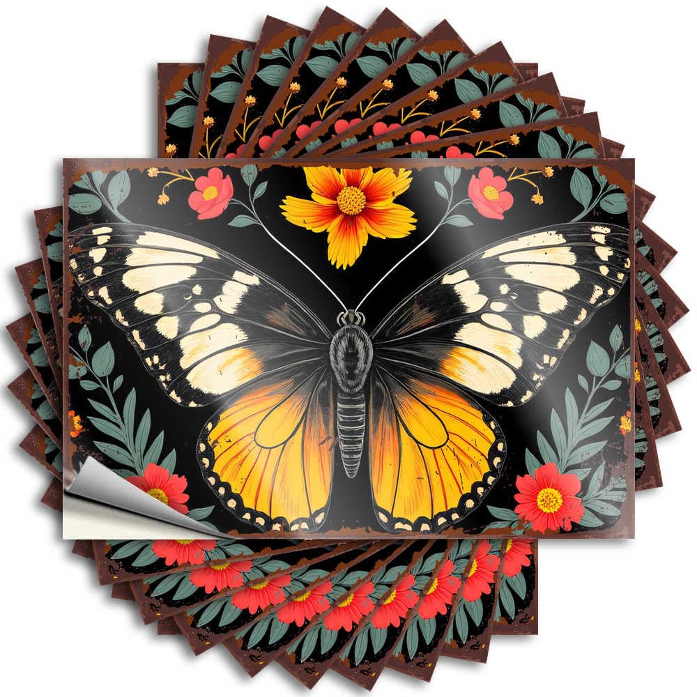 Fzfn Colour Decals Bar Cart Decor Custom Stickers, Water Waterproof Colorful Butterfly With Red Flowers On Black Background For Hydro Flask | Books Vinyl Decals For Motorcross Holiday Gift(12X18cm)