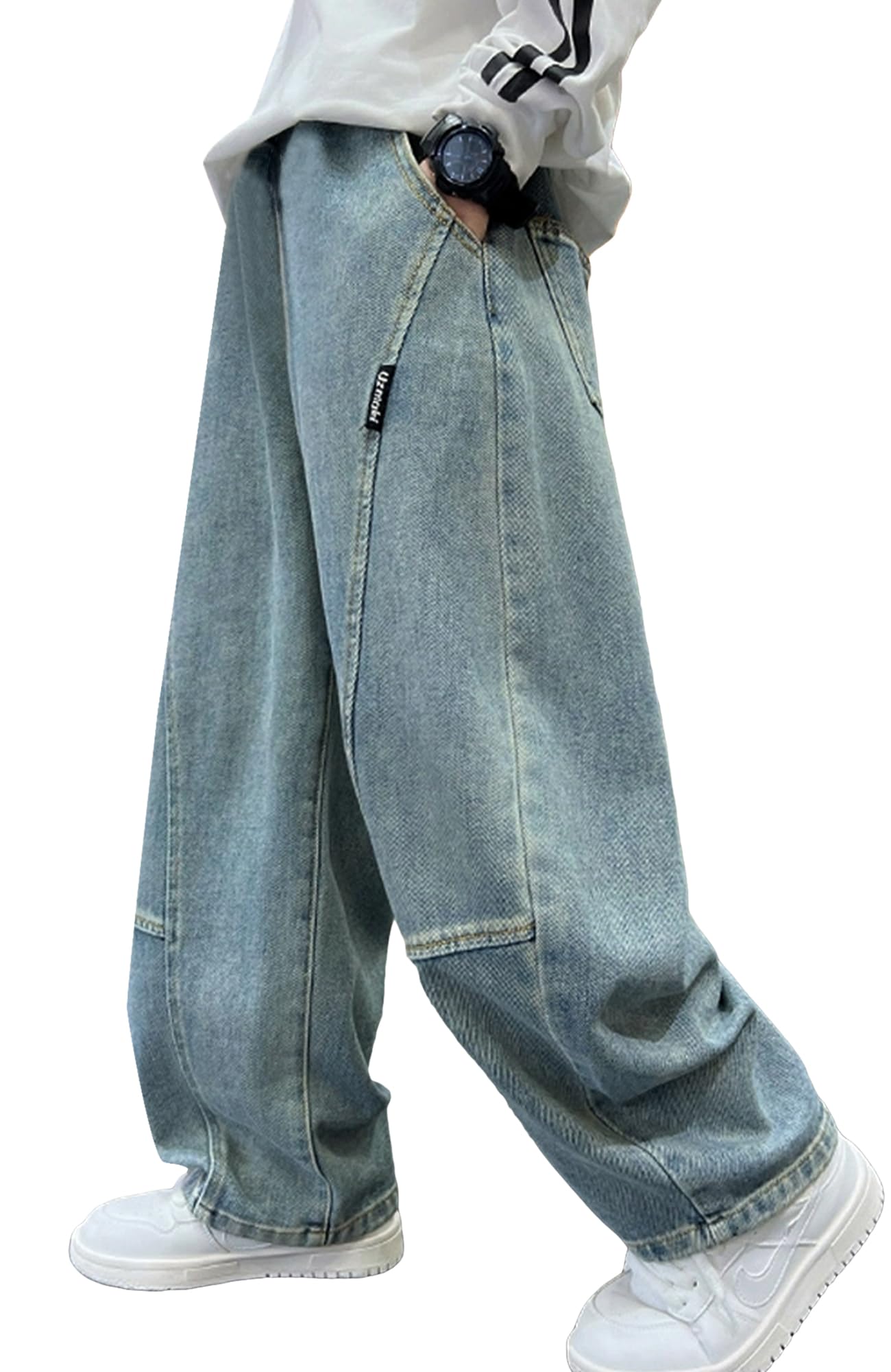 Happy Cherry Pantalons en Jean pour Garçons Jeans de Jogging Baggy Coupe Ample Denim Vintage Pantalon Décontractés Cargo Streetwear 120-170 CM