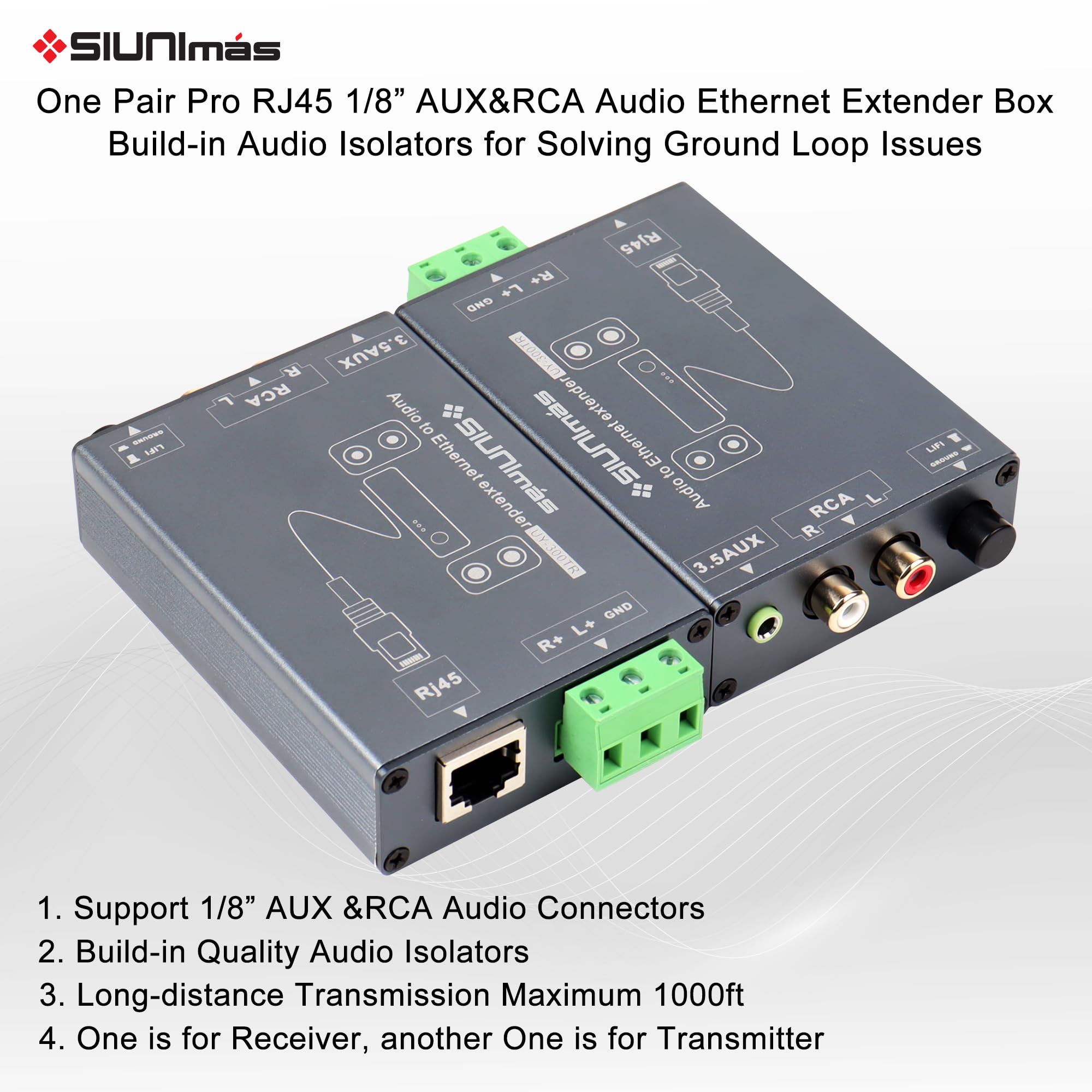 Un paio di connettori di rete RJ45 a RCA AUX stereo a lunga distanza in lega di alluminio resistente con isolatori audio integrati, supporto GND Lift collegamento su Cat5/Cat6, ecc