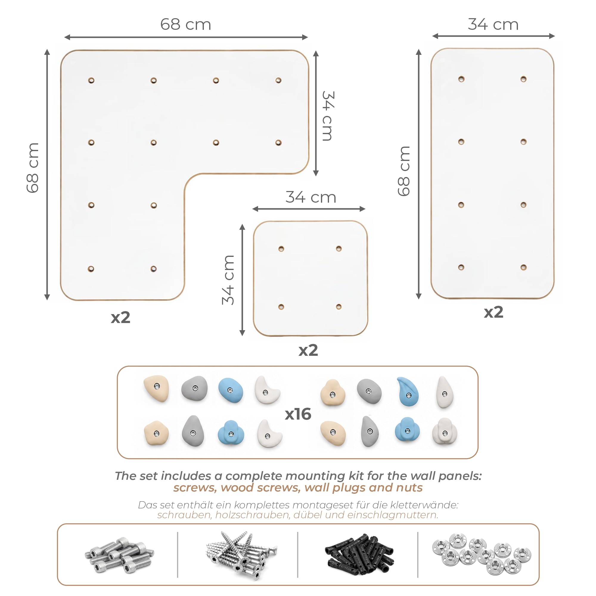 MAMOI® Pared de Escalada para Interiores con Asas, Moderna Pared de Escalada para la habitación, Tablero de Madera Blanca, Juego de Escalada para Montaje