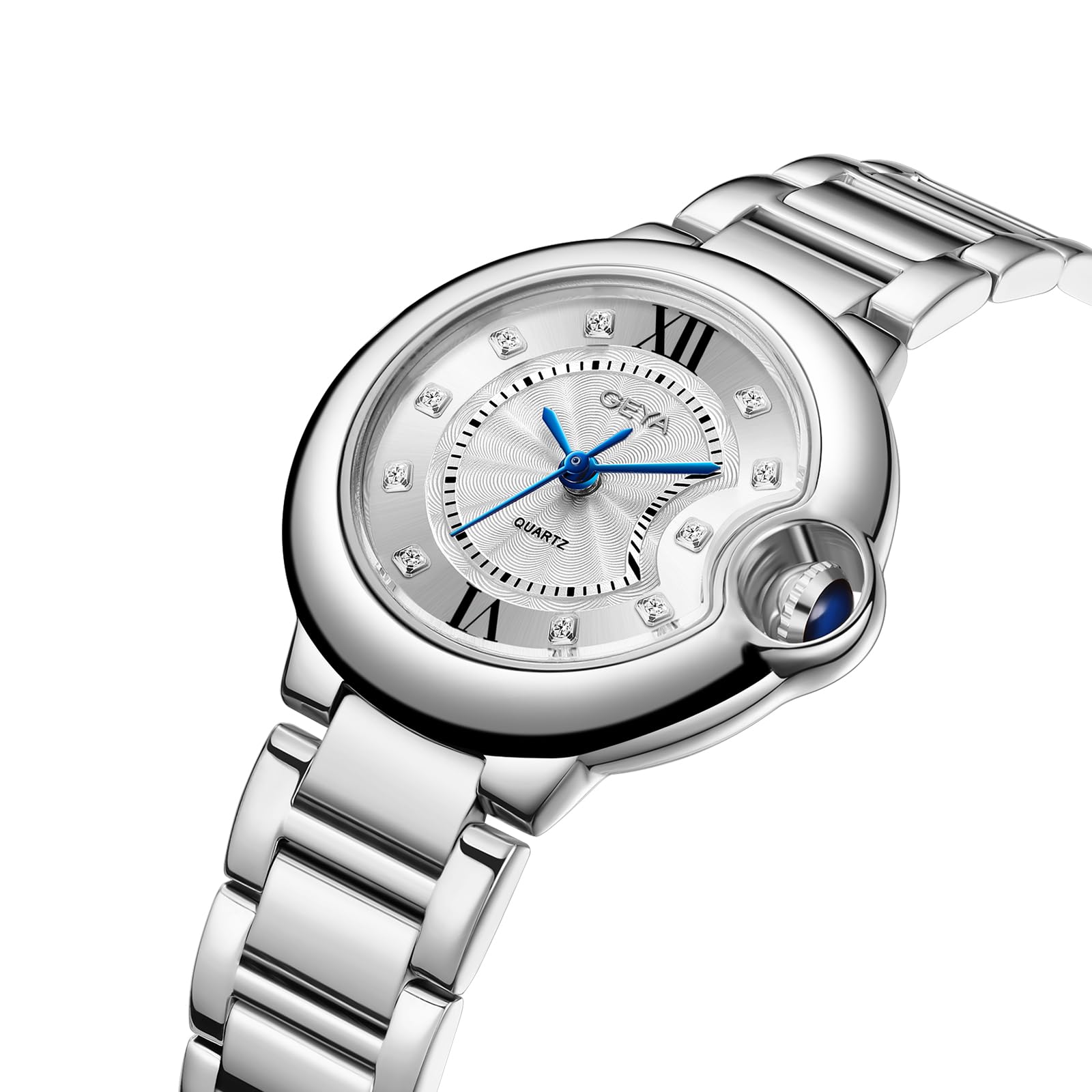 GeYa Silver Watch for Women Dainty Ladies Analog Quartz Wristwatch with Date & Diamond Dial, Stainless Steel Bracelet Water Resistant for Petite Wrist, Gift for Her