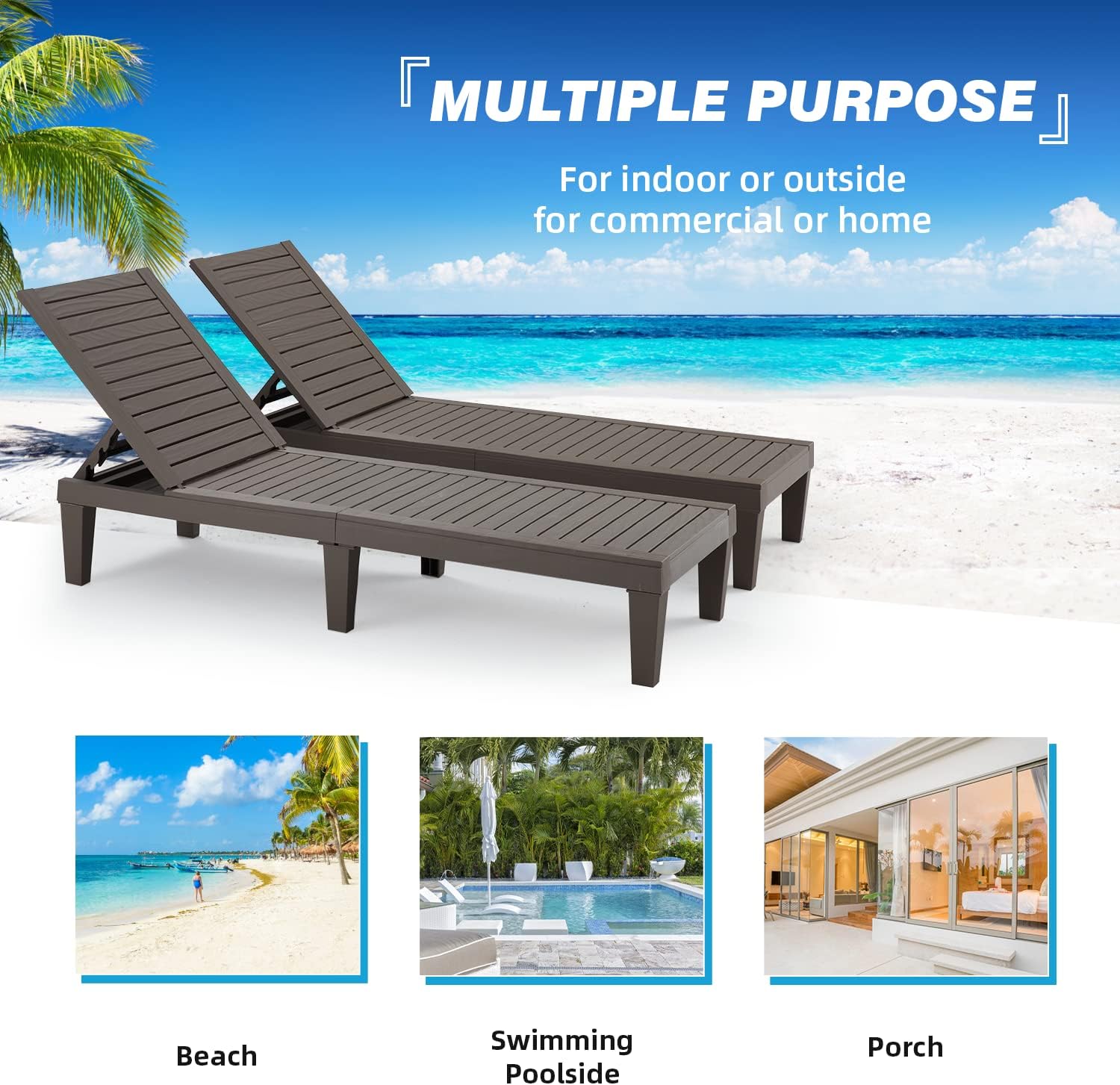 EROMMY Outdoor Chaise Lounge Chairs Set of 2, All-Weather Patio Loungers with 5-Position Adjustable Backrest & Removable Cushions, Reclining Chair for Beach, Poolside, Balcony