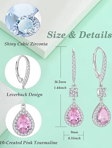 Miniatura 6 de Vesitim White Gold Plated Teardrop Dangle Drop Earrings Sterling Silver Gemstones Lever-back Earring for Women Jewelry with Months Birthstone