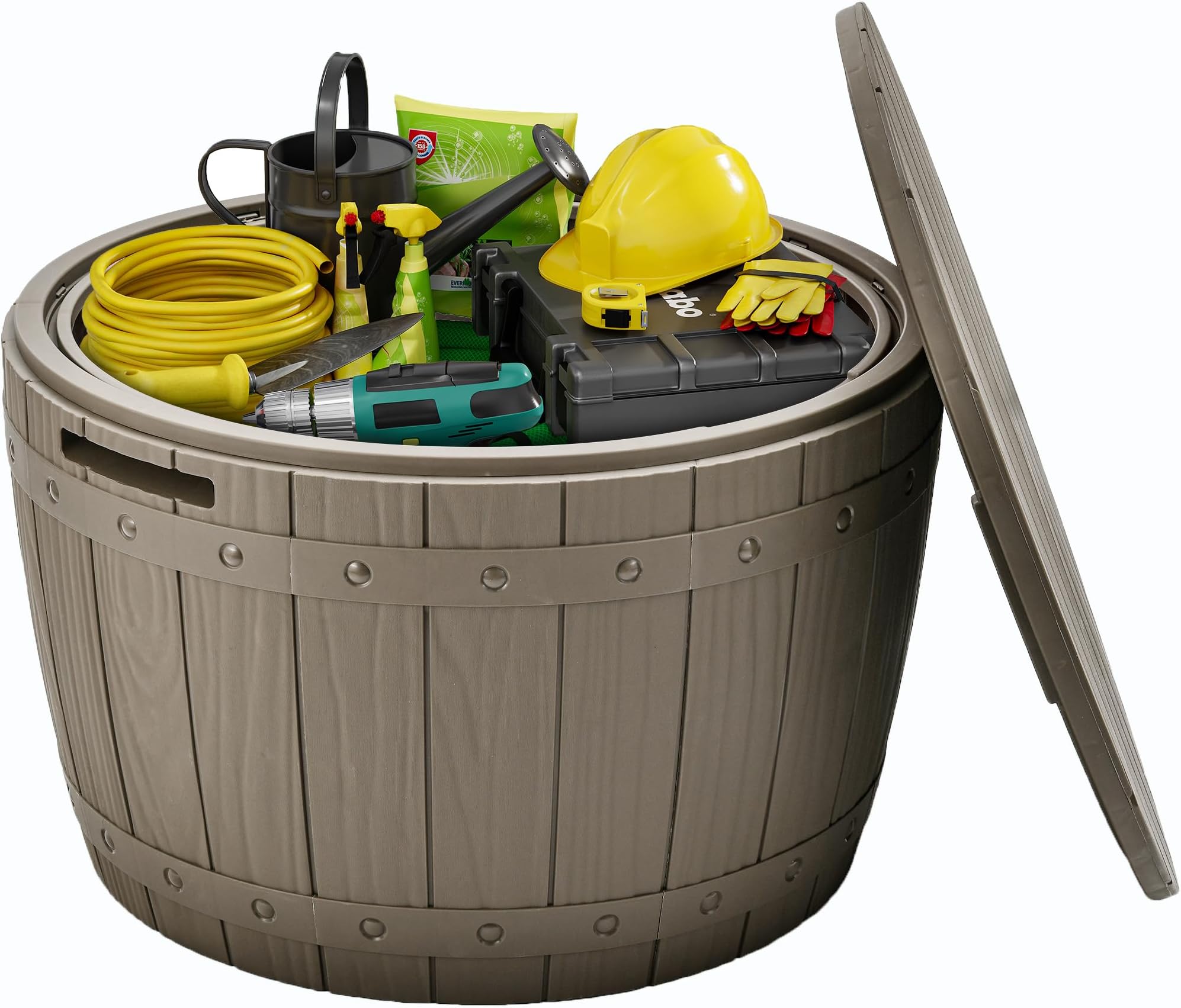 YITAHOME Outdoor Resin Storage Container, 33-Gallon Round Deck Organizer for Patio, Cushion, Pool Accessories, Lightweight & Weatherproof, Doubles as Table, Light Brown