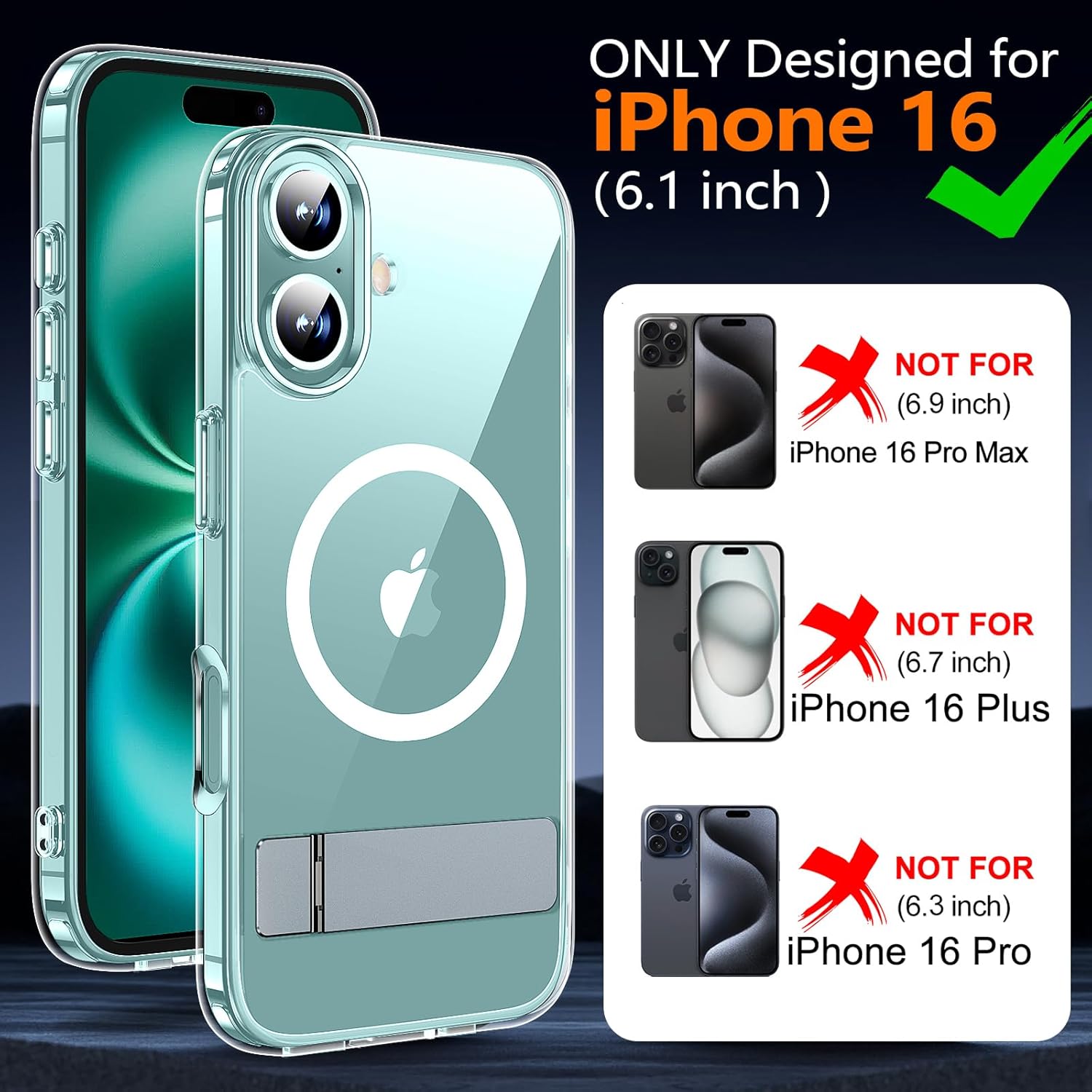 xiwxi for iPhone 16 Case with Kickstand,[Compatible with Magsafe][1*Screen Protector],Military-Grade Protection & Anti-Yellowing,Magnetic Phone Case for iPhone 16,Clear - Image 2