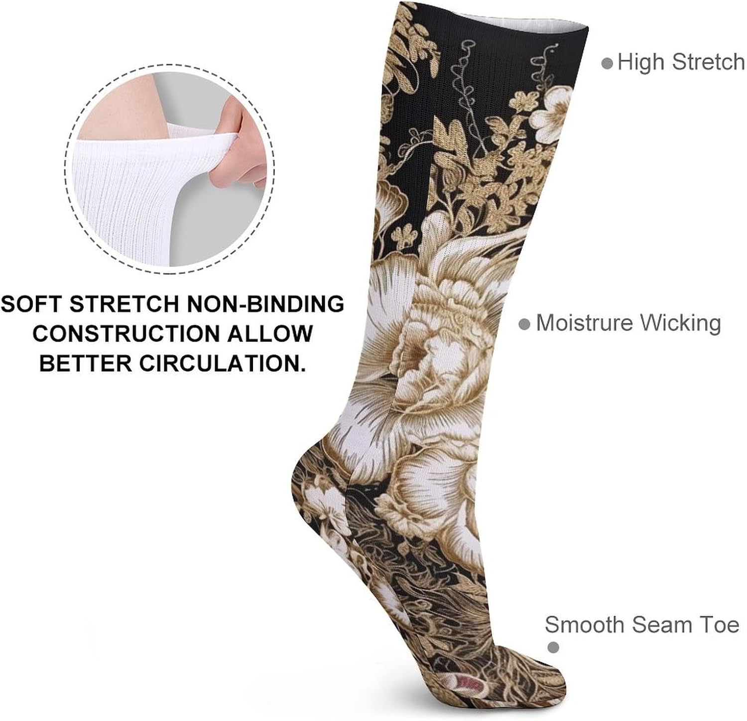 Breathable Crew Sock, Moisture Wicking, Athletic Calf Socks, Cozy | Gold Leaf Flowers Compression Socks for Women Men, Lightweight High Work Socks for Business, Casual