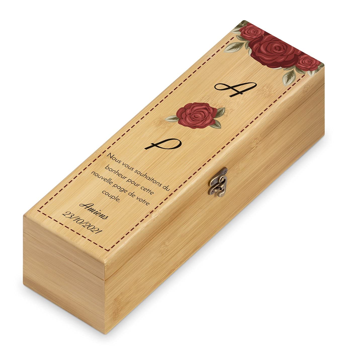 Maverton Weinbox für 0,7L Weinflasche - Wein Holzbox personalisiert + 4er Weinzubehör - Weinset Weinkiste - aus Bambus - Braun - Geschenk zum Hochzeitstag Paare - Brautpaar