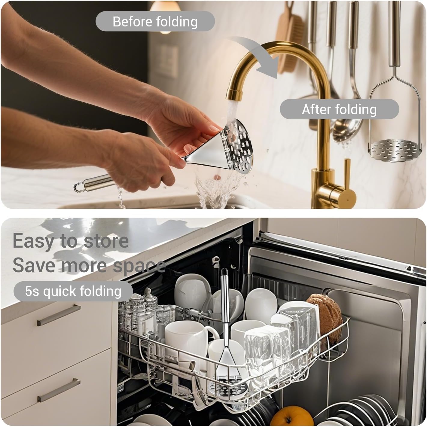 3pcs Stainless Steel Potato Masher, 9.8 Inch Length, Ergonomic Handle, Kitchen Utensil for Vegetables