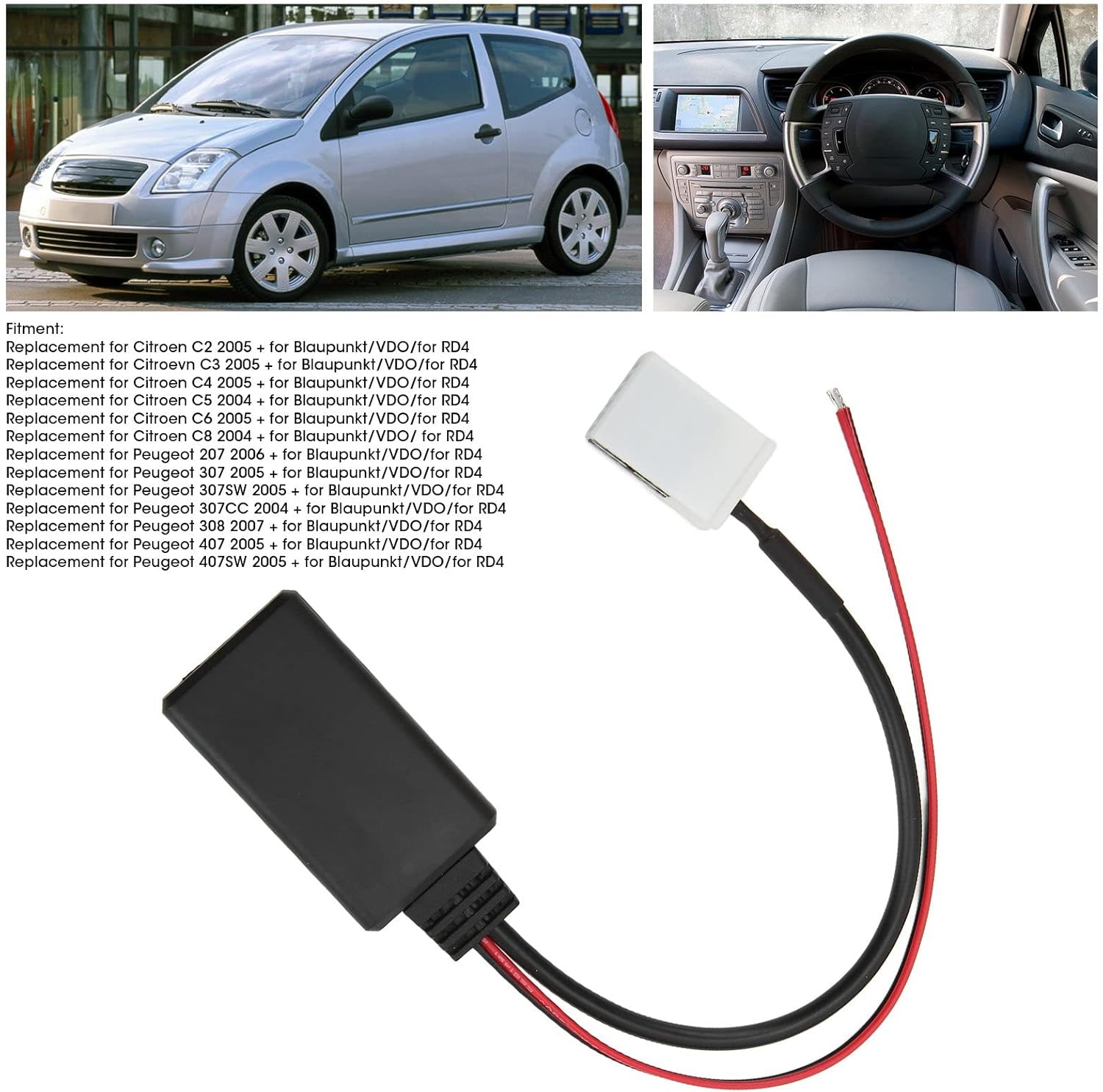 Close-up of the 12-pin connector and power wires, with text overlay indicating 'Just insert the 12pin connector to the back radio. Then connect the red wire to 12V+, the black wire to 12V-'.