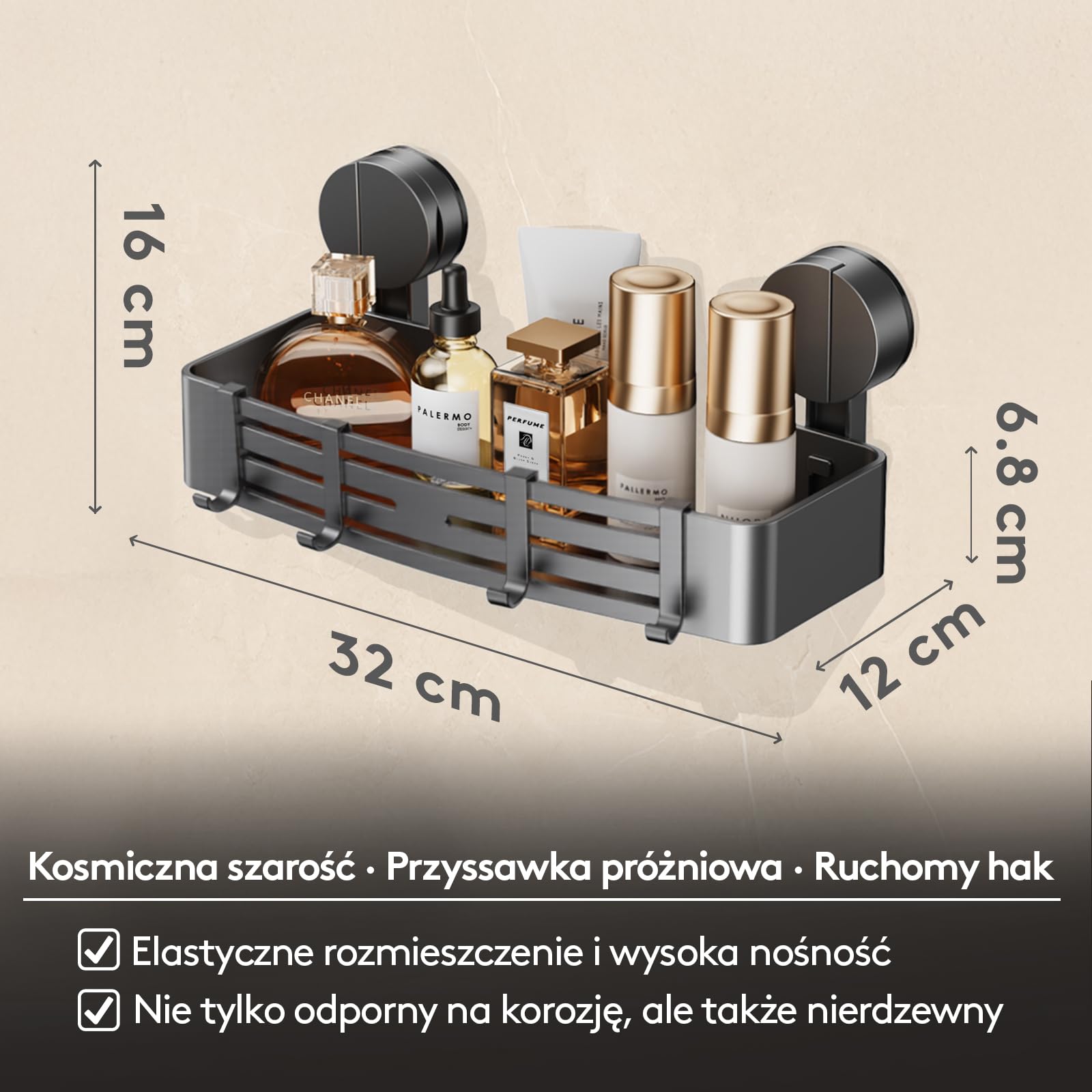 Prysznicowa Półka Z Przyssawką Bez Wiercenia | 4 Haczyki, Długość 32 cm, Nośność 10 kg, Montaż W 1 Minutę | Demontowalny I Nierdzewny Uchwyt Do Szamponu Pod Prysznic