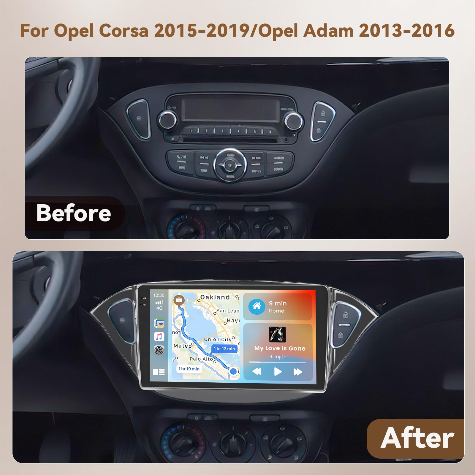 4+128G Radio Coche Android 15 para Opel Corsa 2015-2019/Opel Adam 2013-2016 con Incell Pantalla táctil de 9 Pulgadas,Carplay Android Auto Inalambrico BT/GPS/WiFi/FM/RDS+Cámara Trasera+Mic