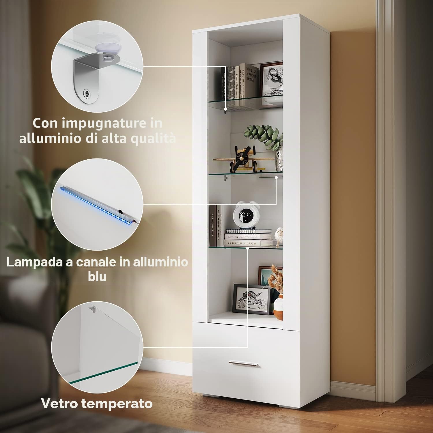 Vetrina per soggiorno, vetrina in vetro bianco, 550 x 350 x 1720 mm, con illuminazione LED blu