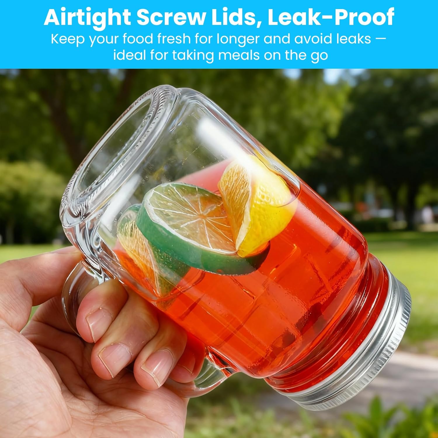 12 Pack Mason Jar Cups, 16 oz Mason Jars with Handle and Lids, Reusable Glass Mugs, Glass Drinking Jars for Beverages Juice Cocktails Iced Tea Smoothies Party Favors - Image 7