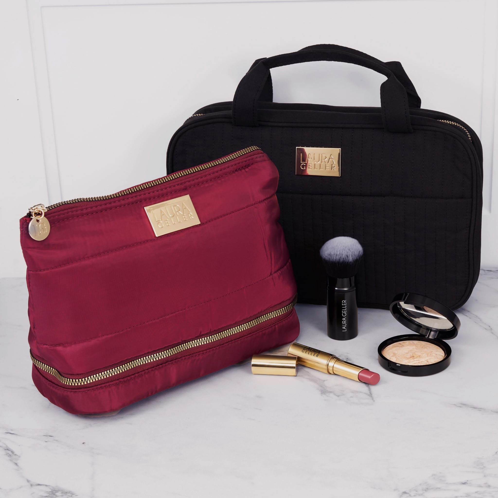 LAURA GELLER Quilted Makeup Bag with Brush Case, Burgundy