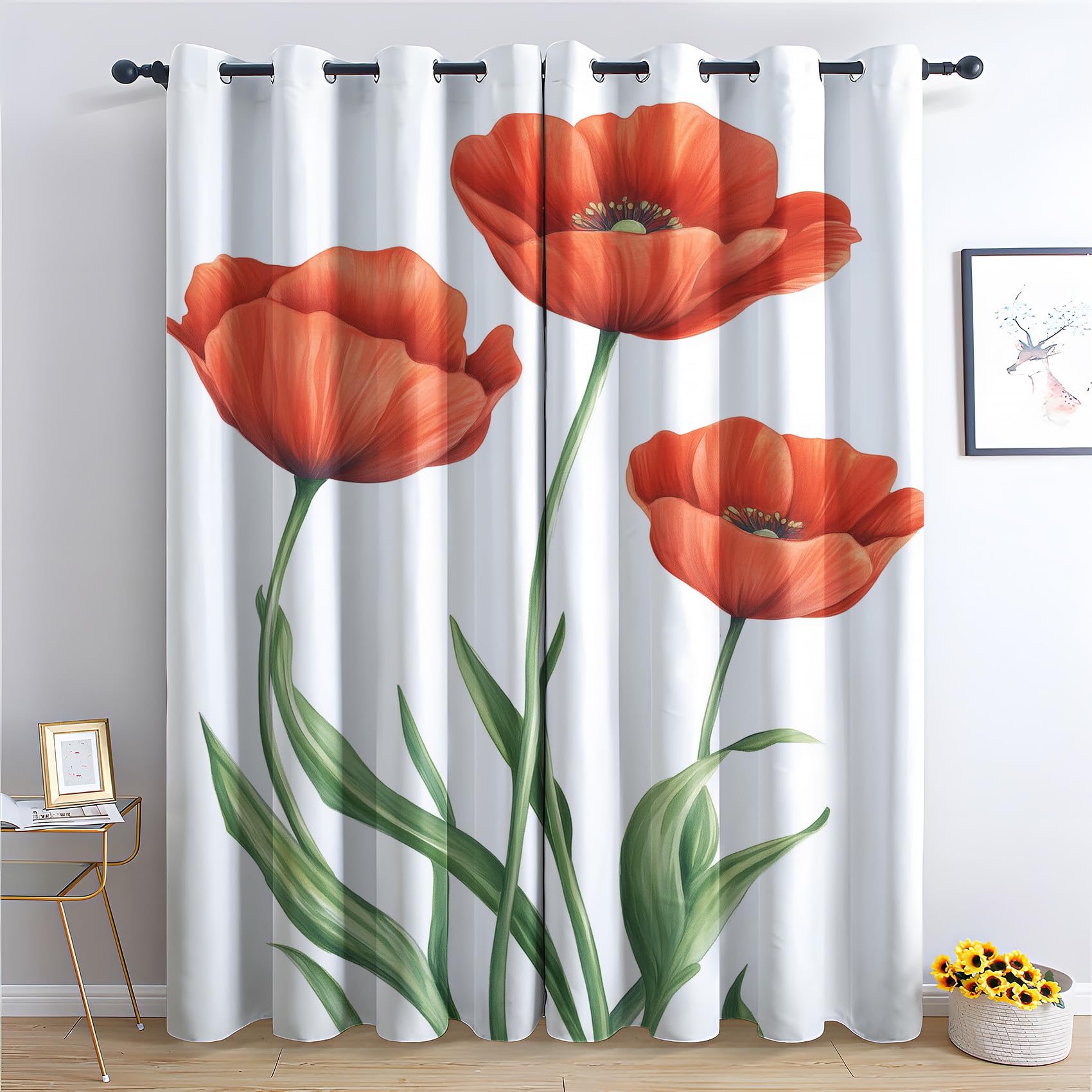 Venivici Red Poppy Blackout Curtains for Bedroom Living Room - 108 Inch Drop Curtains Eyelet, Poppies Floral Botanical Patterned Window Treatments, Thermal Insulated Drapes 90x108 2 Panels