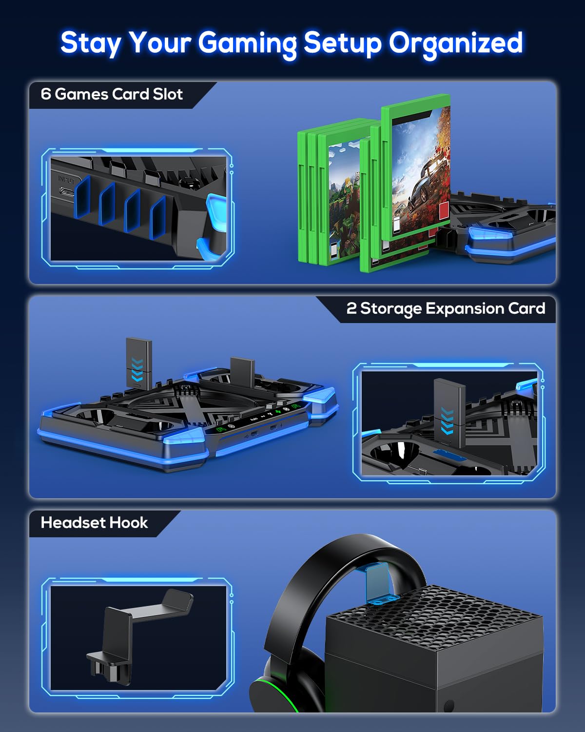 Sistema di raffreddamento automatico aggiornato e supporto di ricarica per console e controller Xbox Series X, accessori con 11 luci RGB e 2 batterie ricaricabili da 1400 mAh, supporto per cuffie e