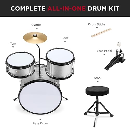 Vista 24 de Best Choice Products Juego de batería para principiantes de 3 piezas para niños y jóvenes, con taburete de trono, platillo, baquetas, pedal de Azul