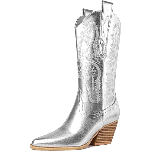 Mostrin Cowgirl Cowboy Boots Square Toe Mid-Calf Boot Chunky Block Heeled Pull On Western Boot