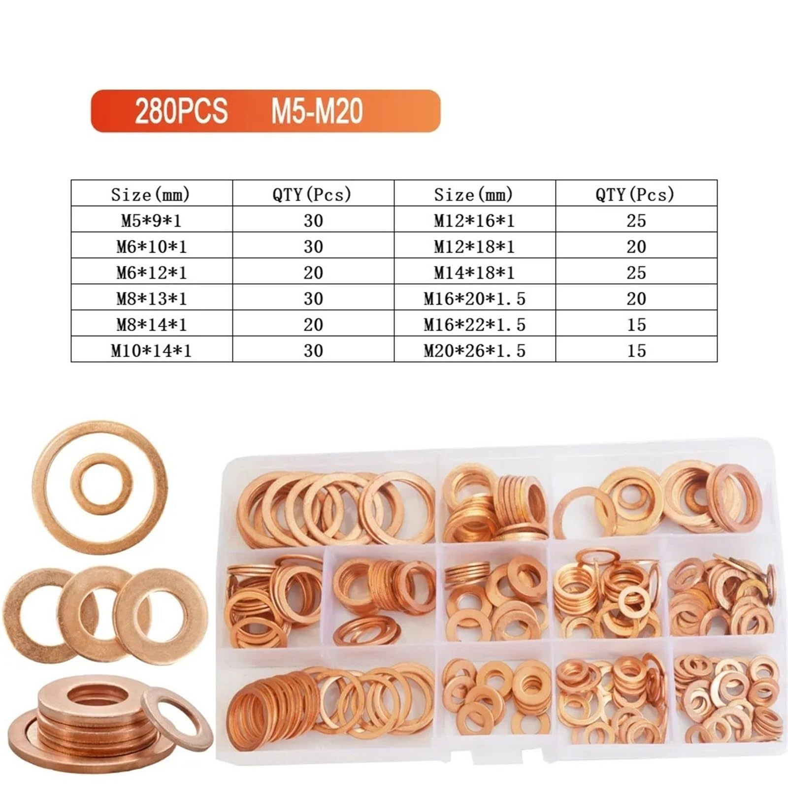 Arandelas de cobre puro sólido 200/280/300 Uds., tapones sumidero M5-M20 recocidos, espaciadores juntas sellado aceite, Kit planas for motocicleta Para Tornillos(M5-M20 (300Pcs))