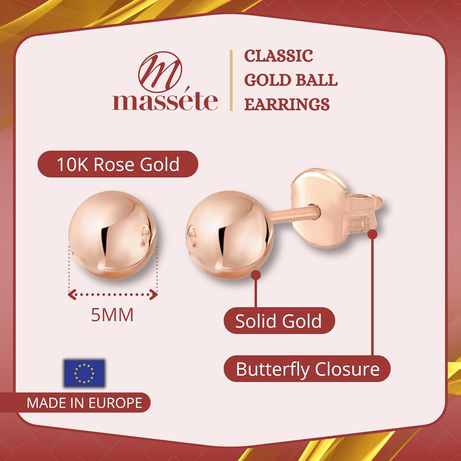 MASSETE Gold Ball Stud Earrings for Women and Girls | 10k, 14k | White Yellow or Rose Gold | 5mm -12mm | Nickel Free