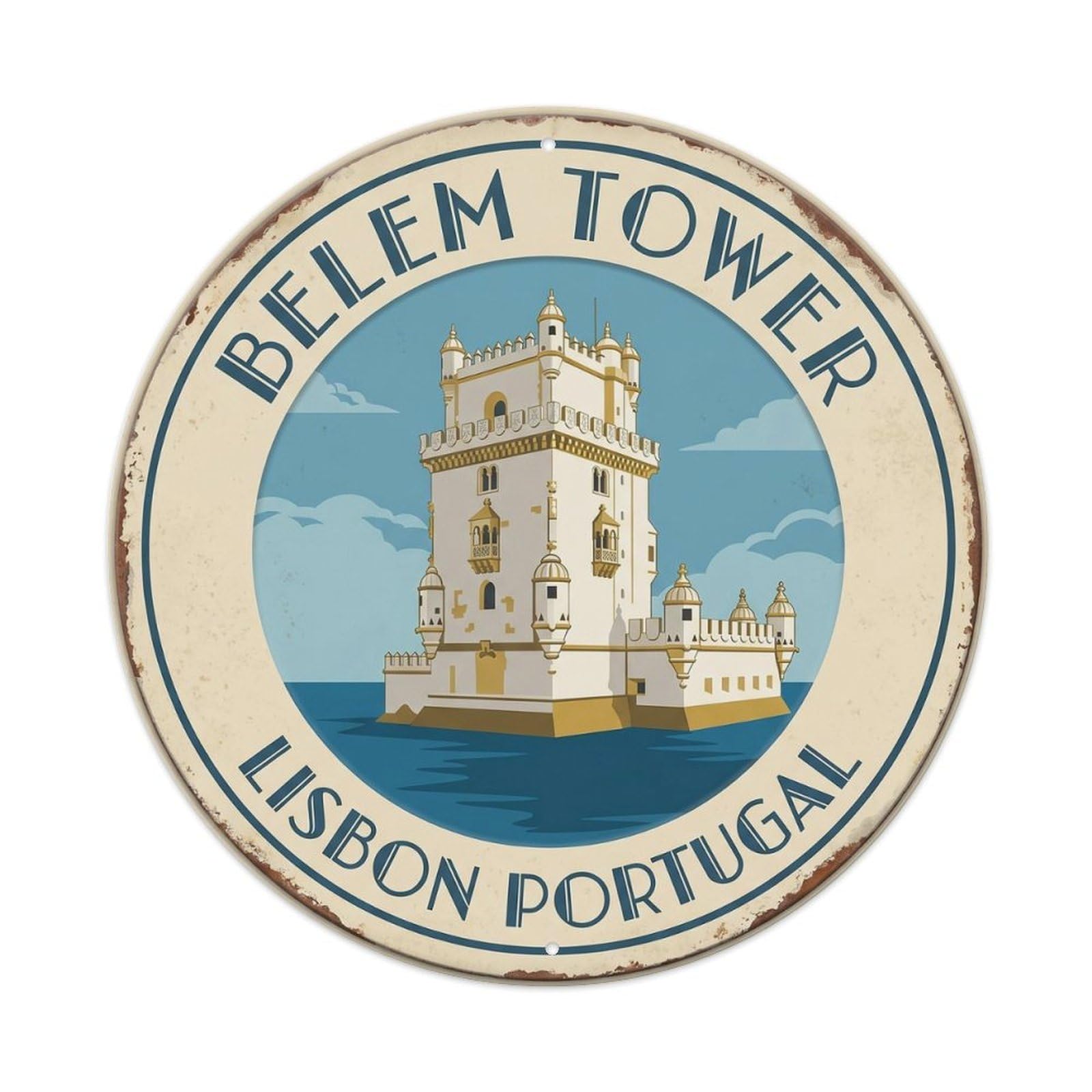 Belem Tower Lisbon Portugal Monument Metal Tin Sign Plaque Wall Decor for Cafe, Club, Garden Round Metal Poster 8x8Inch