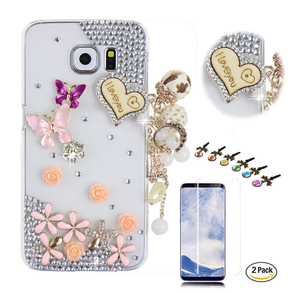 STENES Galaxy S9 Case - STYLISH - 100+ Bling - 3D Handmade Heart Pendant Dance Butterfly Rose Flowers Design Bling Cover Case With Screen Protector For Samsung Galaxy S9 - Colorful