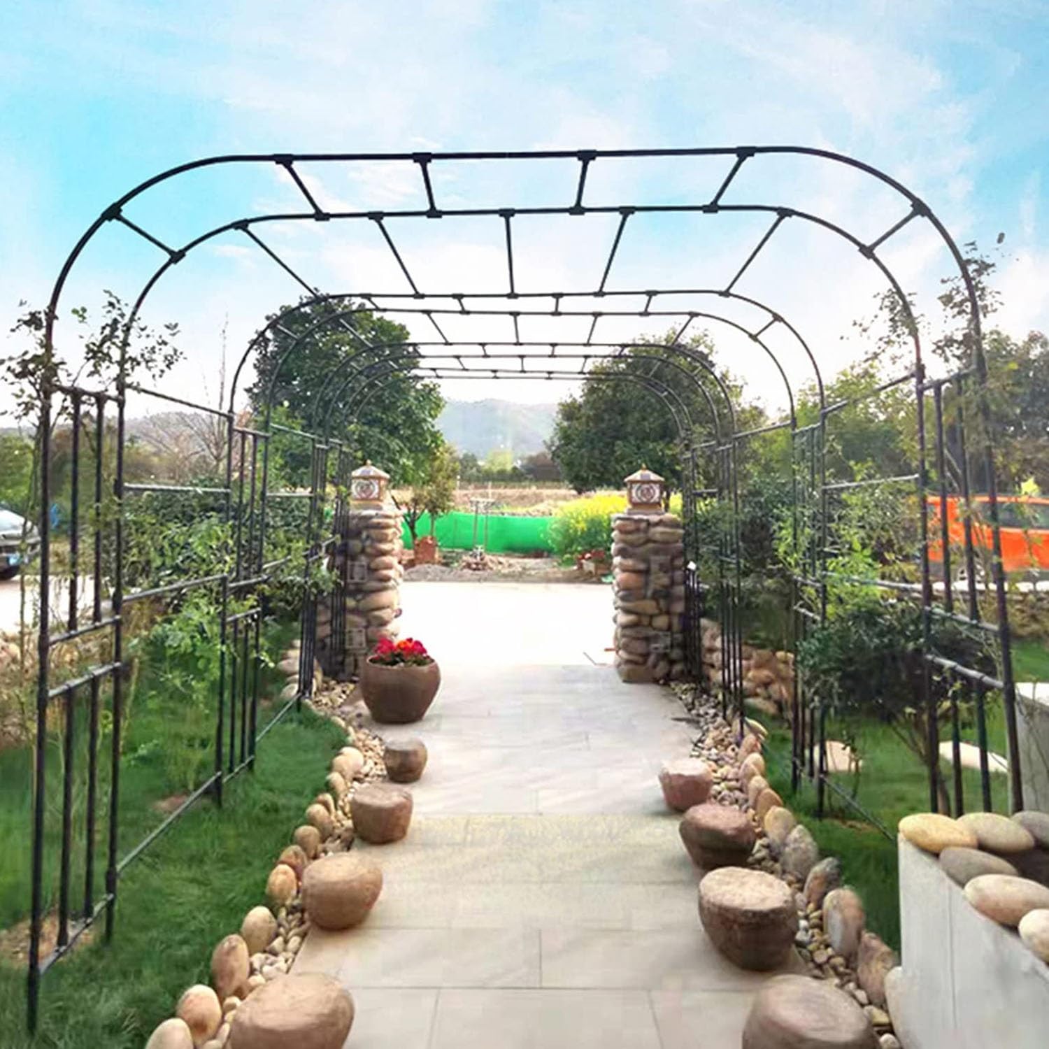 Arco de rosas de metal resistente a la intemperie, gran pérgola de jardín negra de 2,3 x 2,4 m