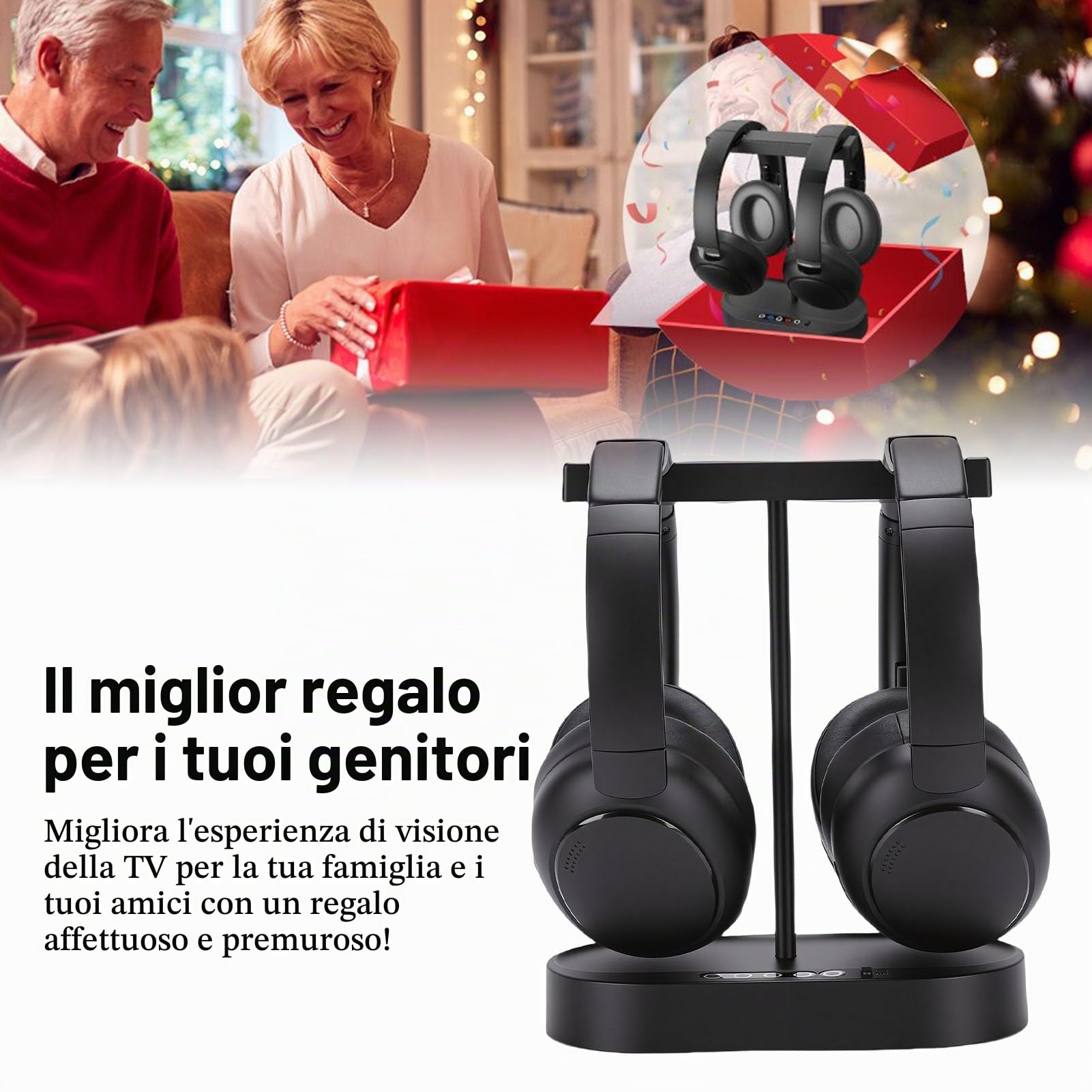 Cuffie TV Doppie Wireless, Orecchie TV con Base di Ricarica del Trasmettitore, Cuffie Wireless Stereo HIFI a Bassa Latenza Controllo del Volume Traspirante per Anziani