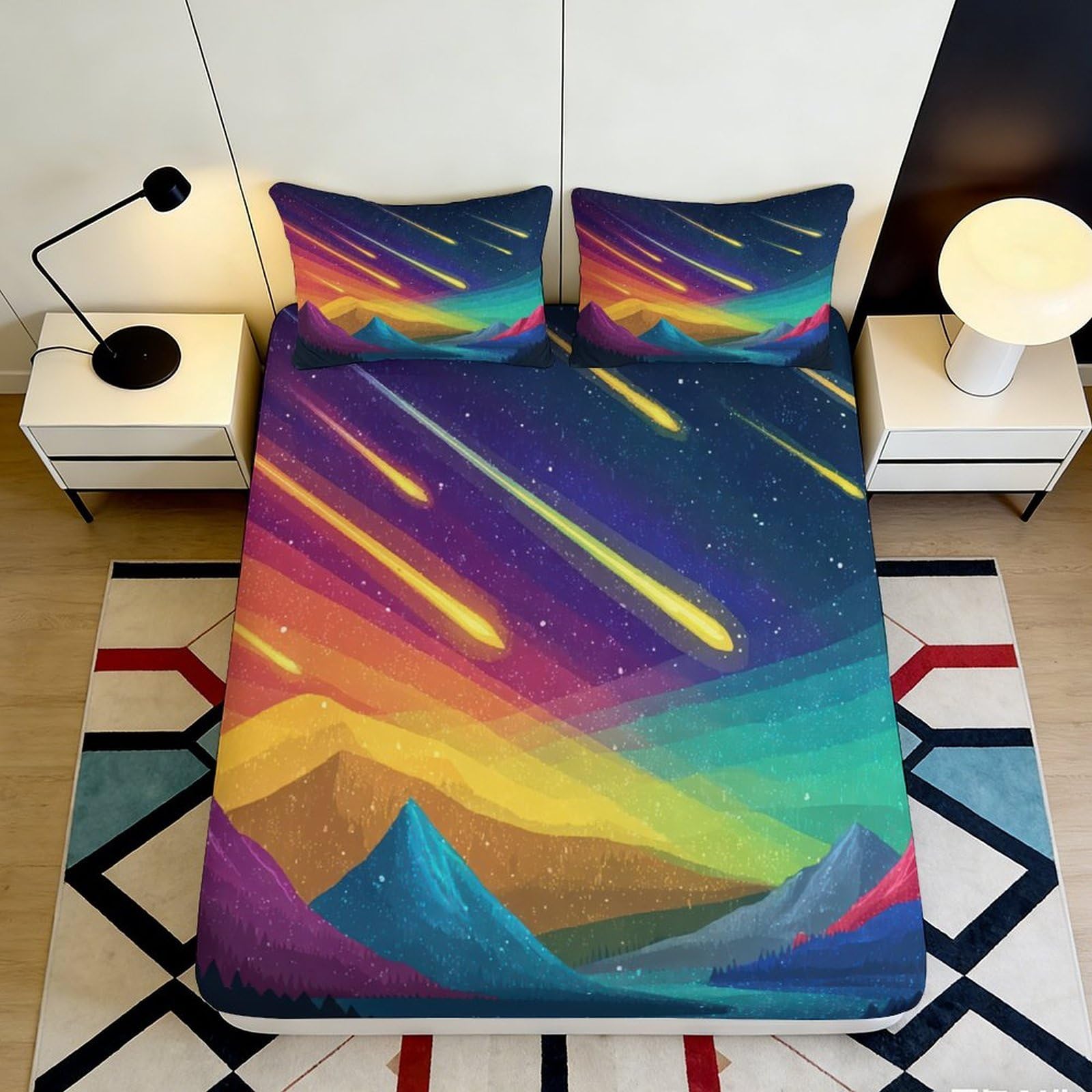 3D Printed Meteor Night Sky Fitted Sheet Microfiber Soft Breathable Aurora Mountain Mattress Cover Bedroom Decor 90x200x25cm