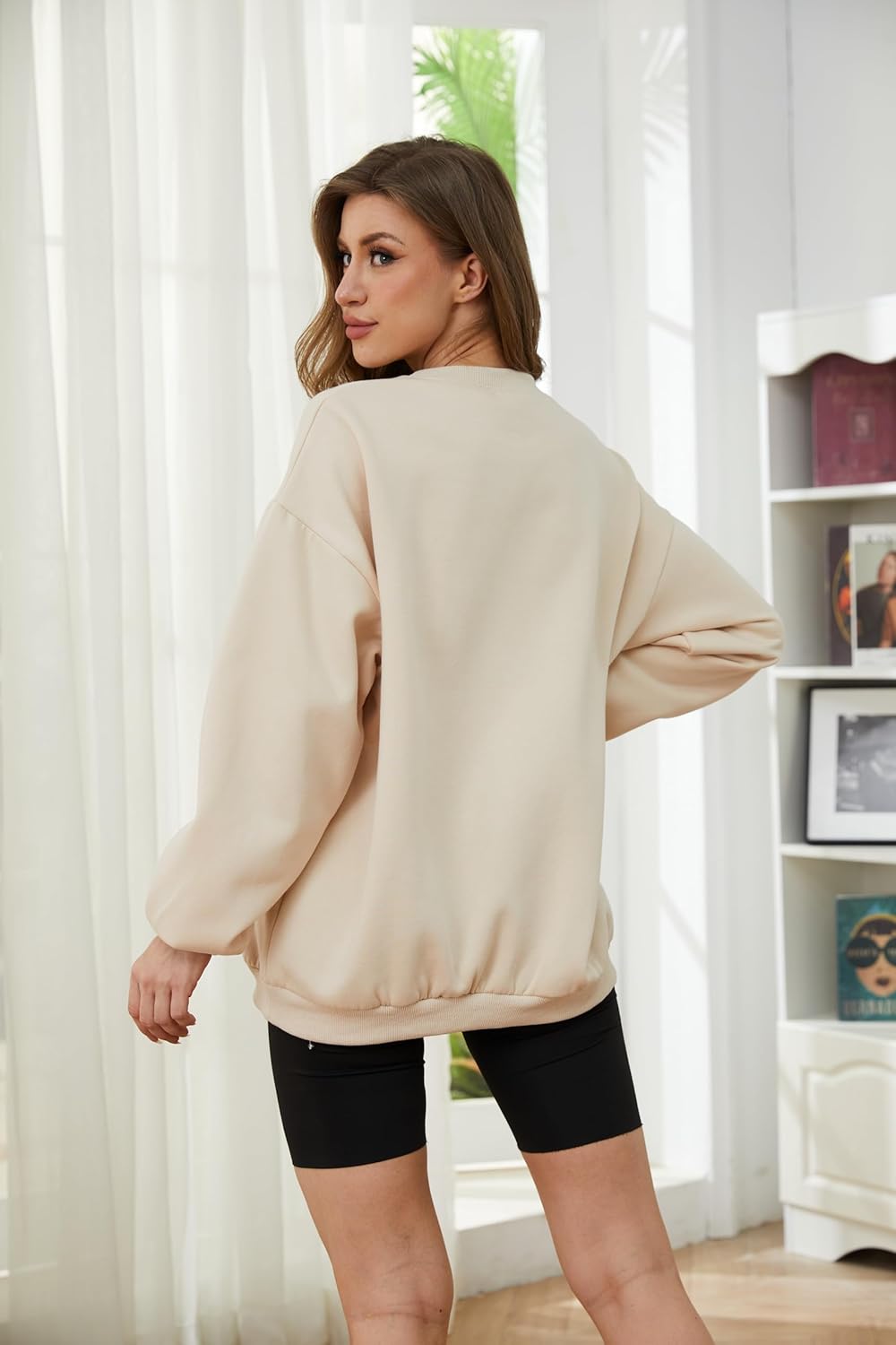 Meladyan womens Halloween Skull Graphic Print Fleece Oversized Sweatshirt Crewneck Long Sleeve Drop Shoulder Pullover, Apricot, Small - Image 5