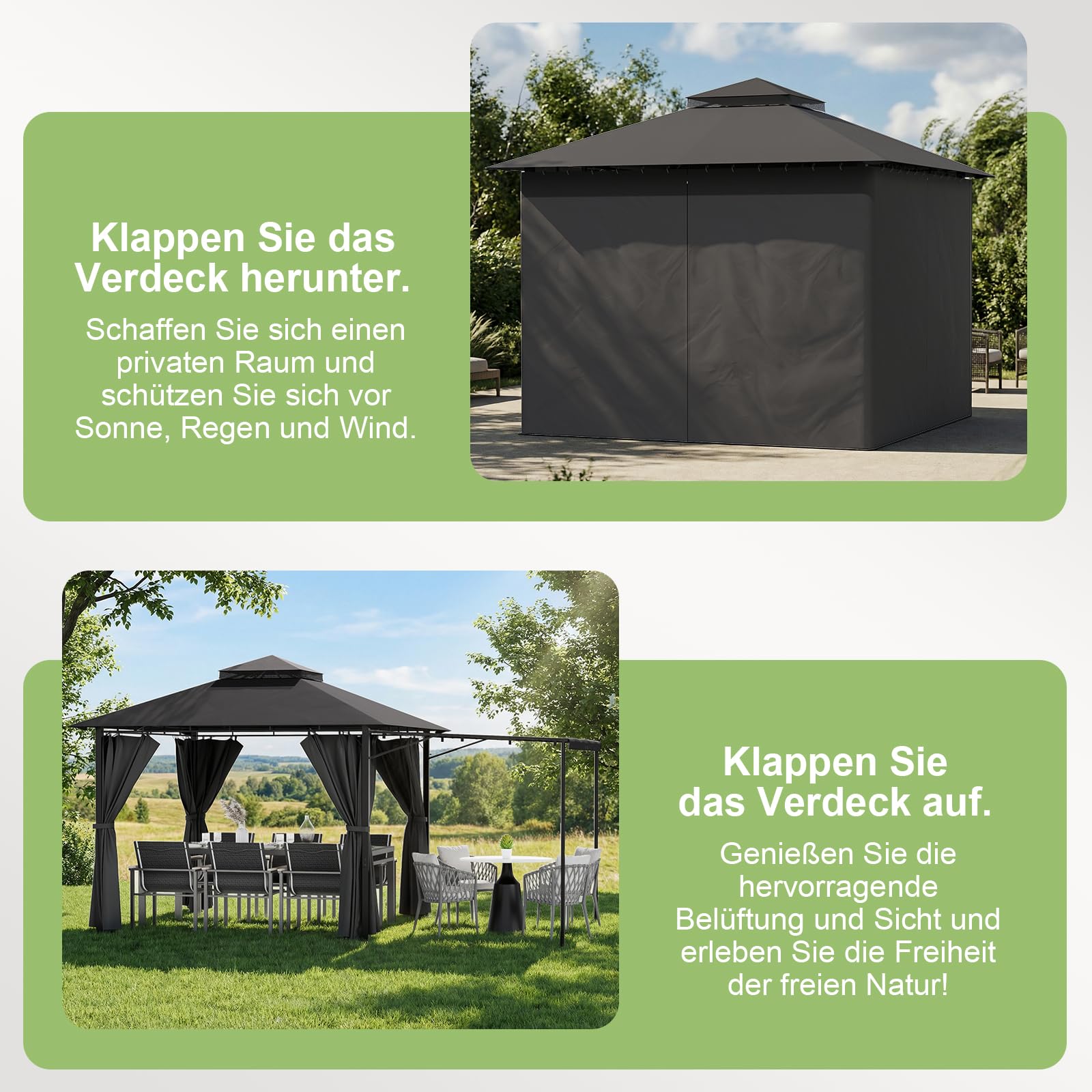 JUMMICO Pavillon 3 x 3 m Grillpavillon, mit 1.8m Verstellbarer Markise, Erweiterbar auf 3 x 4,8 m, für 6-10 Personen zum Entspannen, Grillen und Feiern, mit vierseitigem Stoffbesatz, Dunkelgrau