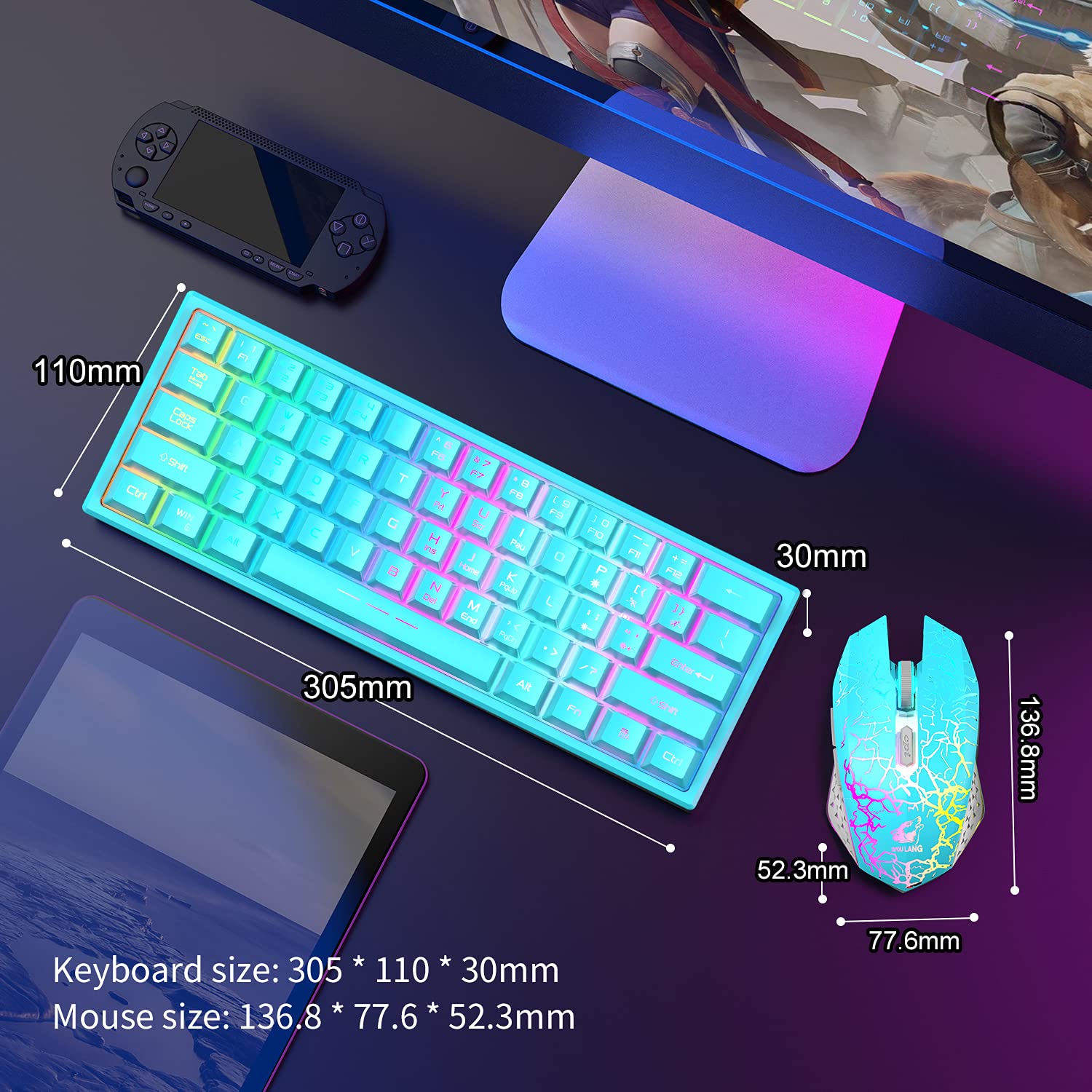 60% Kabellos Gaming Tastatur und Maus Combo Set 2,4 GHz Wiederaufladbare 3800 mAh 61 Tasten Kompakttastatur mit Rainbow LED Hintergrundbeleuchtung + 2400 DPI 6 Tasten Rainbow LED Silent Mouse (Blau)