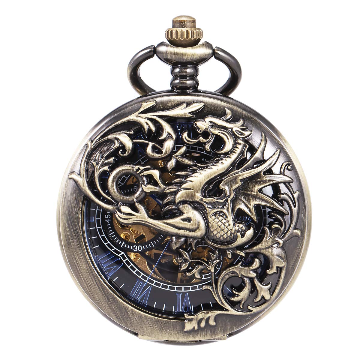 ManChDa Mens Antique Skeleton Mechanical Pocket Watch with Chain- Dragon Hollow Hunter (B07FHXP77M) Amazon Price History, Amazon Price Tracker