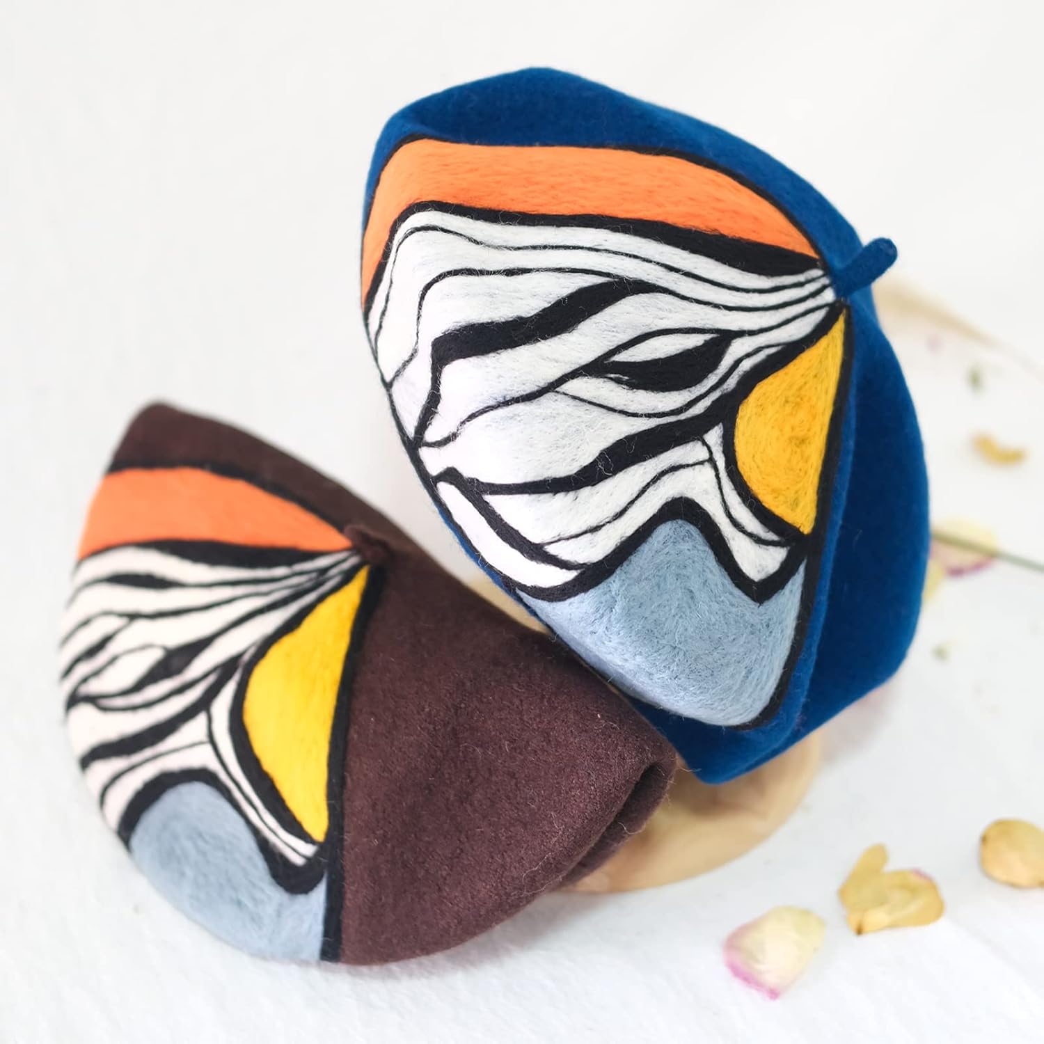 QIUNEYY French Women Wool Beret Stripe Style Beret Handmade Wool Felt Beret hat (Dark Blue)
