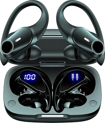 GOLREX Active Noise Cancelling Ear Buds Wireless Earbuds Bluetooth Headphones with 80H Playtime LED Display Charging Case, Over Ear Earphones with Hooks for Sports Running Gym Workout Black