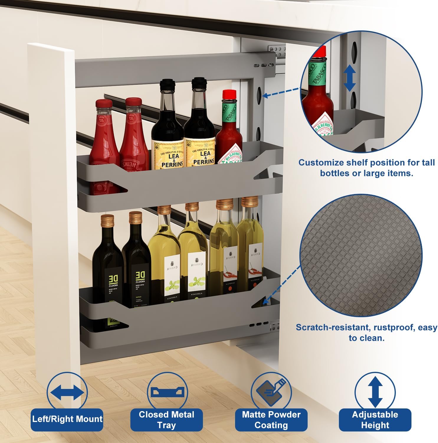 VADANIA Pull Out Cabinet Organizer with Solid Metal Trays, 9" Wide 2-Tier Slim Spice Rack for Kitchen Base Cabinet, Soft Close Side Mount Slide Out Shelf, Left/Right Reversible Installation
