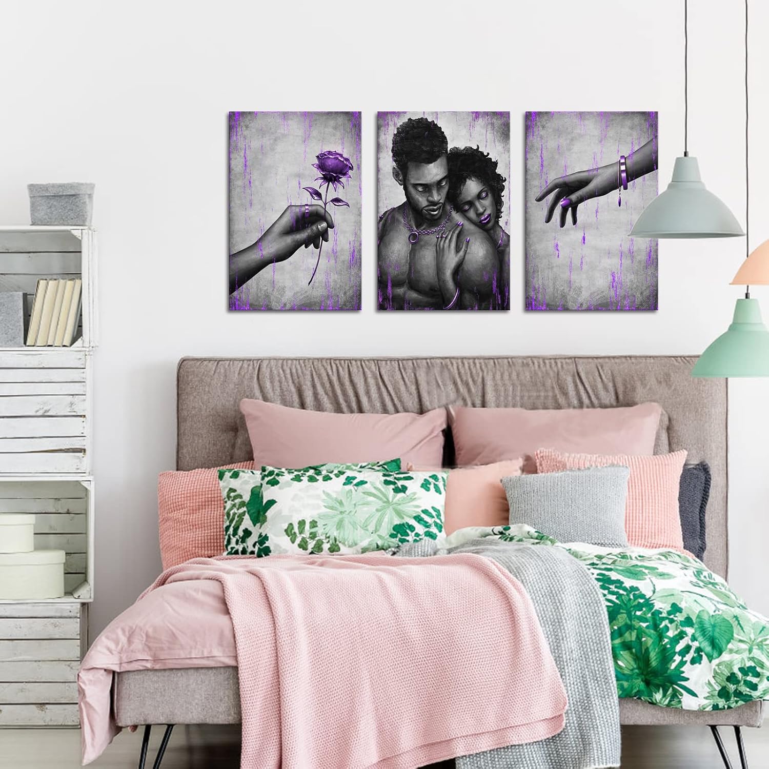 Kalormore African American Woman and Man Painting Purple Golden Sweet Love Couple Canvas Wall Art Giclee Prints Gallery Wrap Artwork for Bedroom Living Room Bathroom Decoration (24"x16"x3)